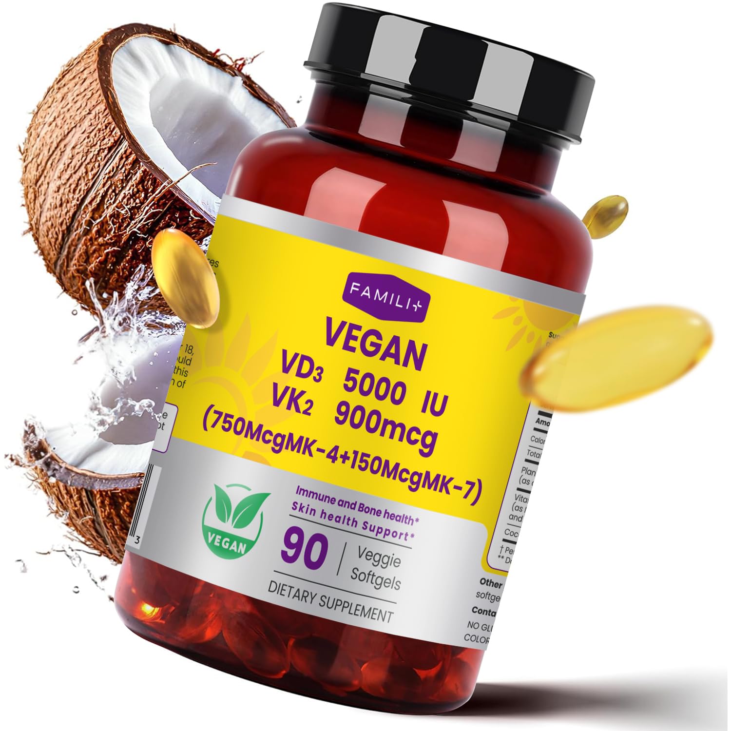 FAMILI+ Vitamin D3 K2 Coconut MCT Oil 90 capsules bottle