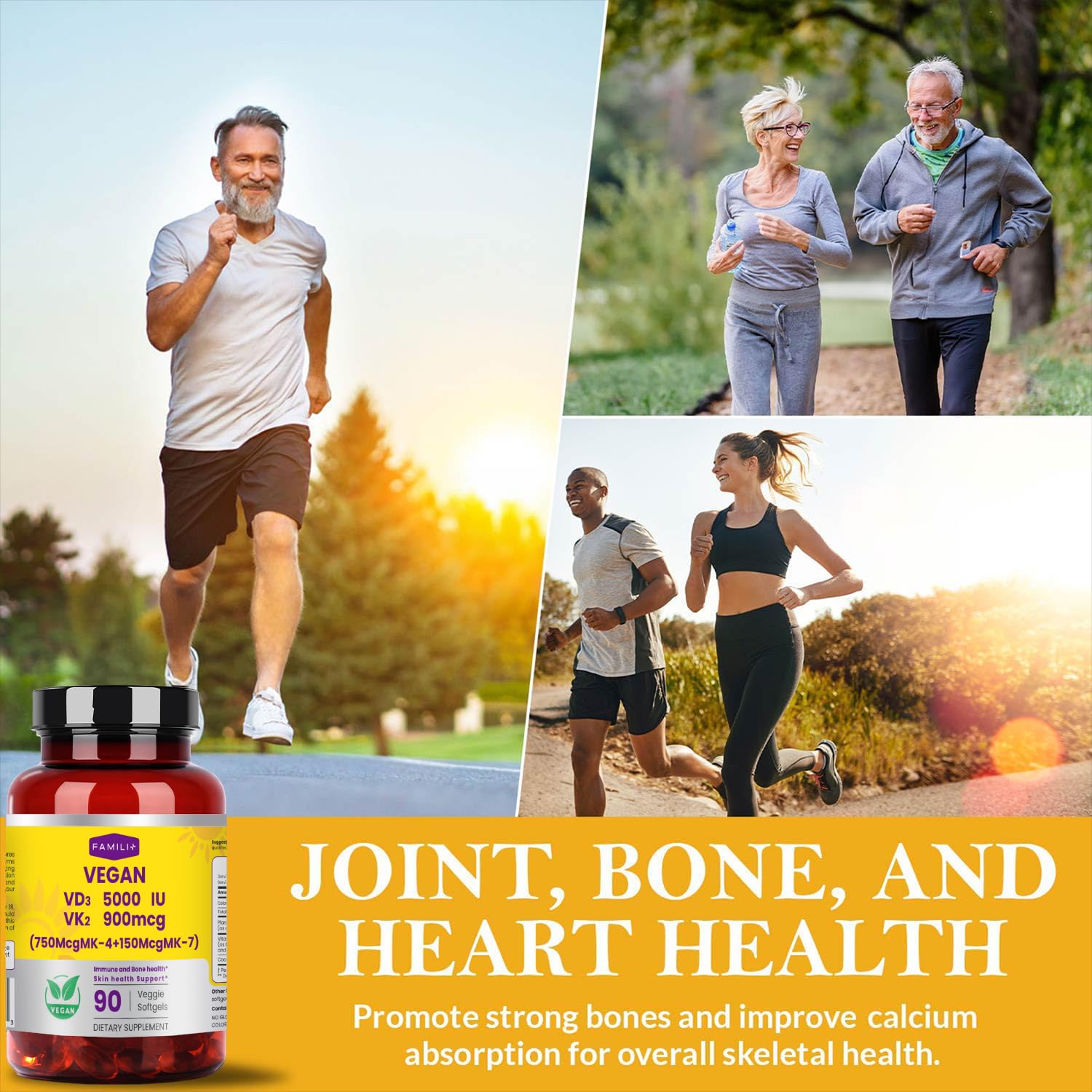FAMILI+ Vitamin D3 K2 Coconut MCT Oil capsules on a wooden table