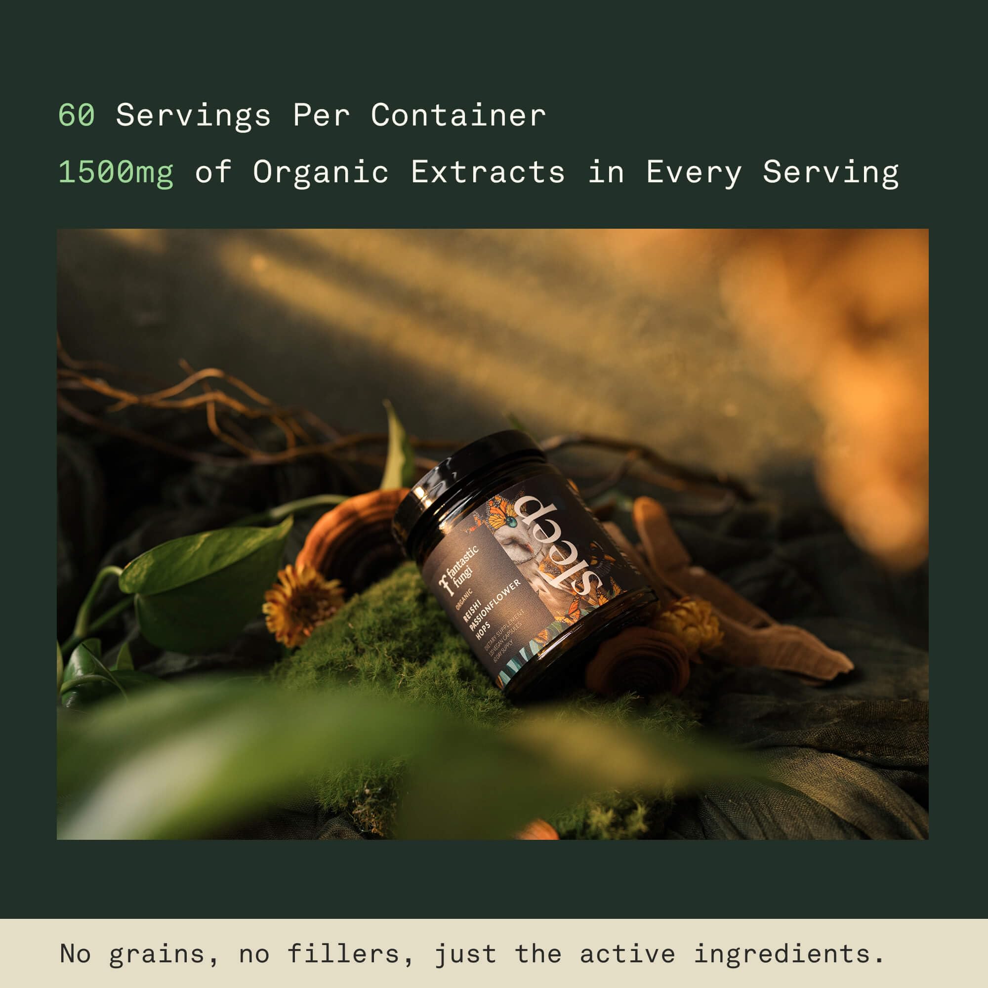 Fantastic Fungi Organic Reishi Mushroom Capsules with a measuring spoon
