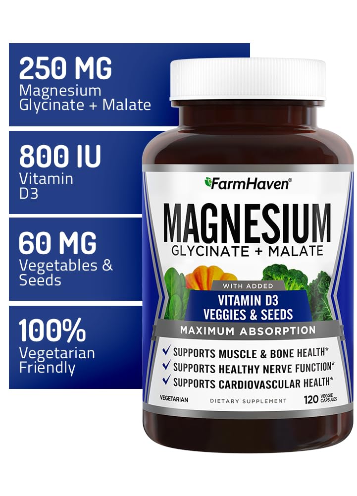 FarmHaven Magnesium Capsules with spinach and kale background