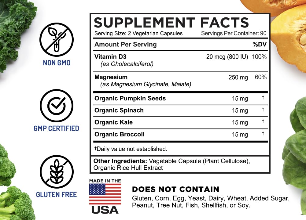 FarmHaven Magnesium & Vitamin D3 Capsules on a wooden table