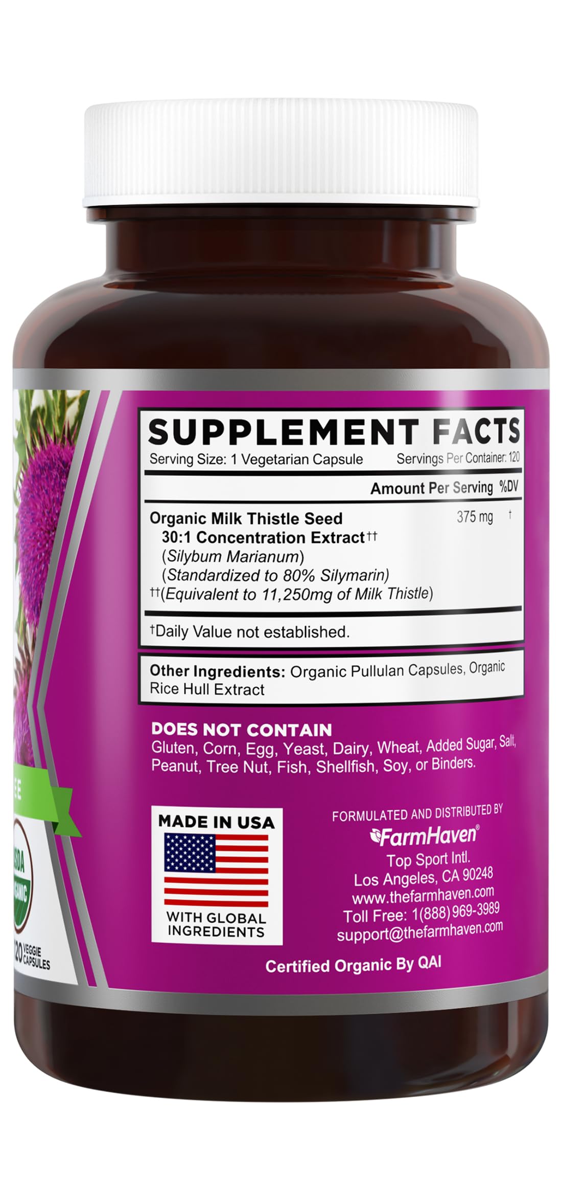 FarmHaven Milk Thistle Capsules 375mg bottle side view