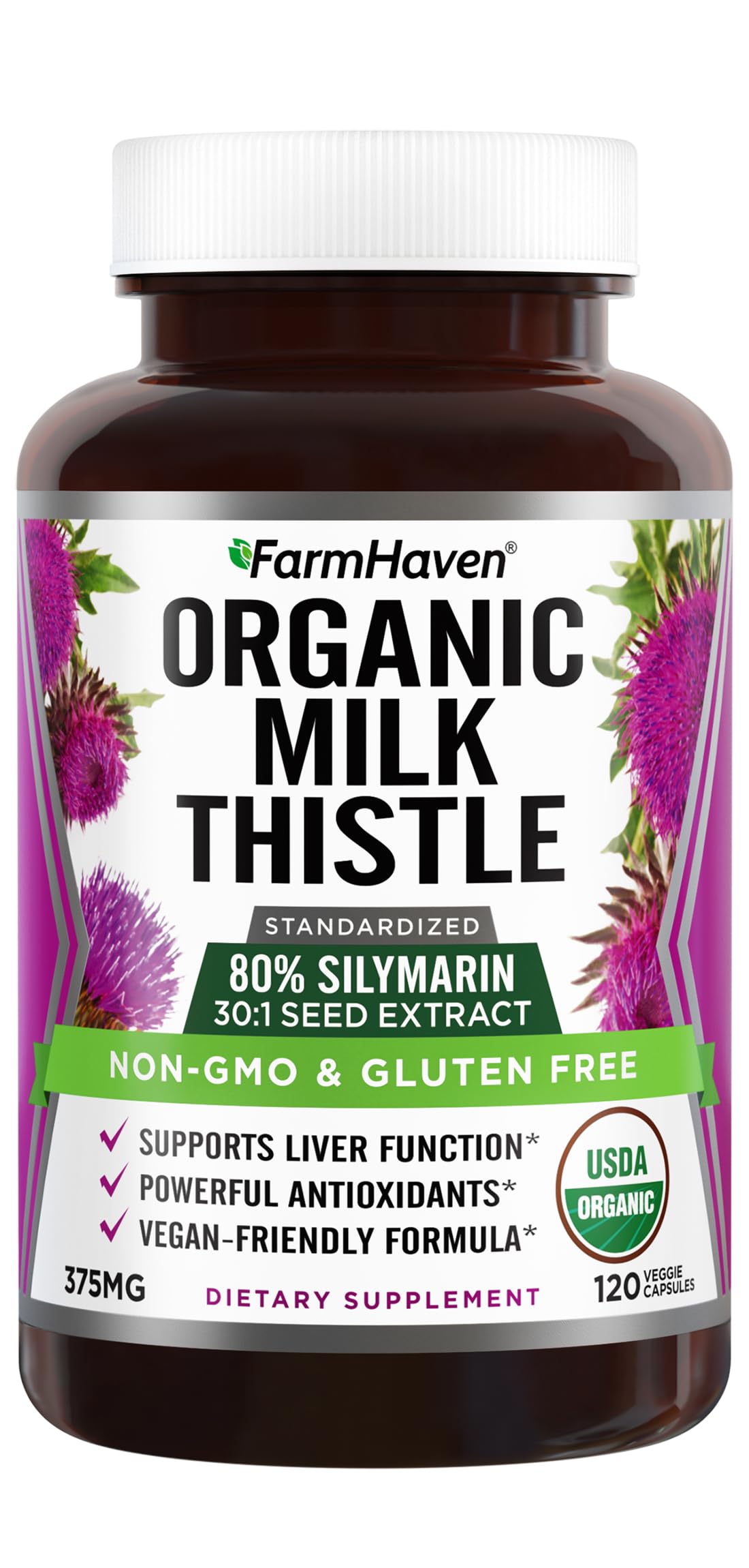 FarmHaven Milk Thistle Capsules 375mg front view