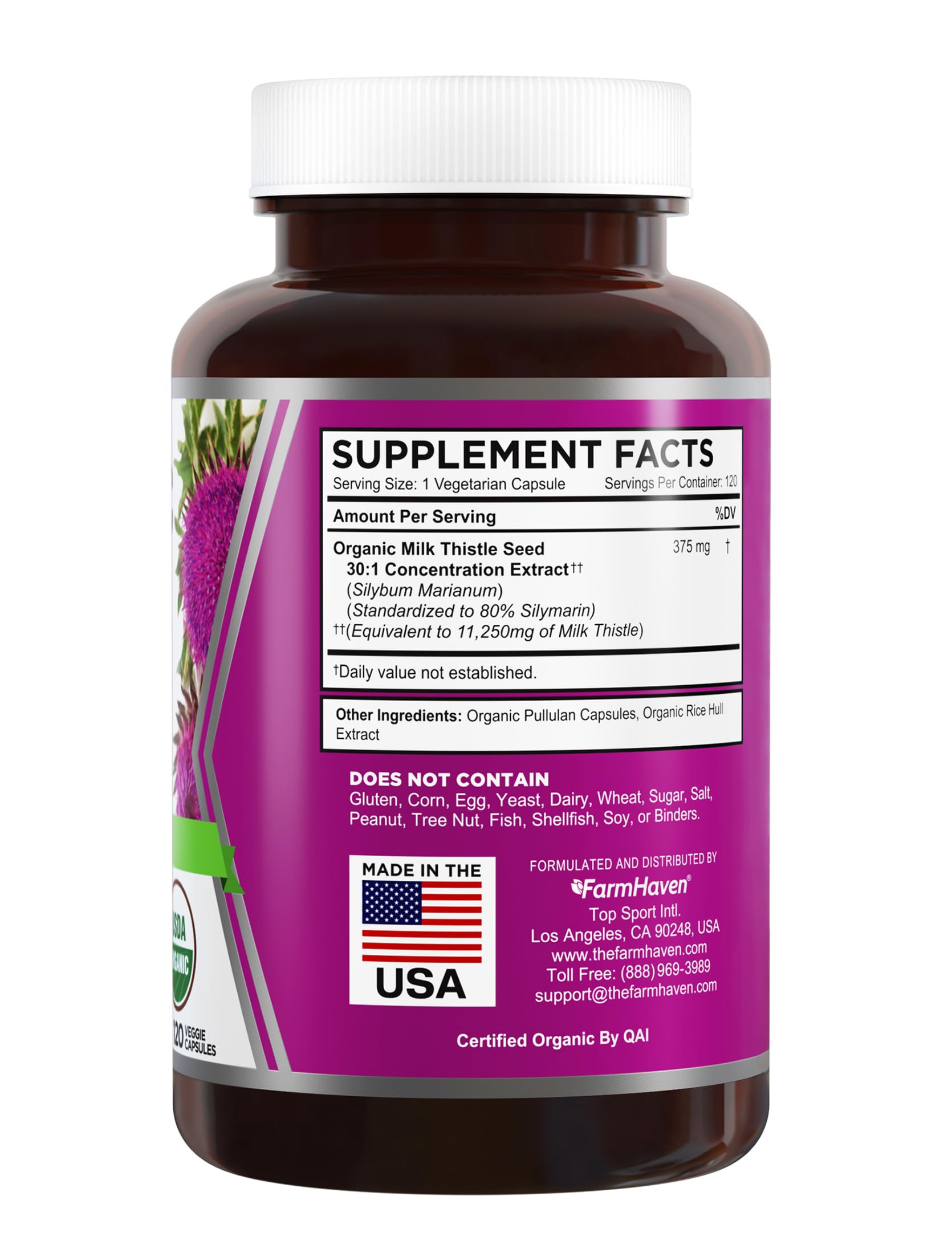 FarmHaven Organic Milk Thistle Capsules 375mg back view