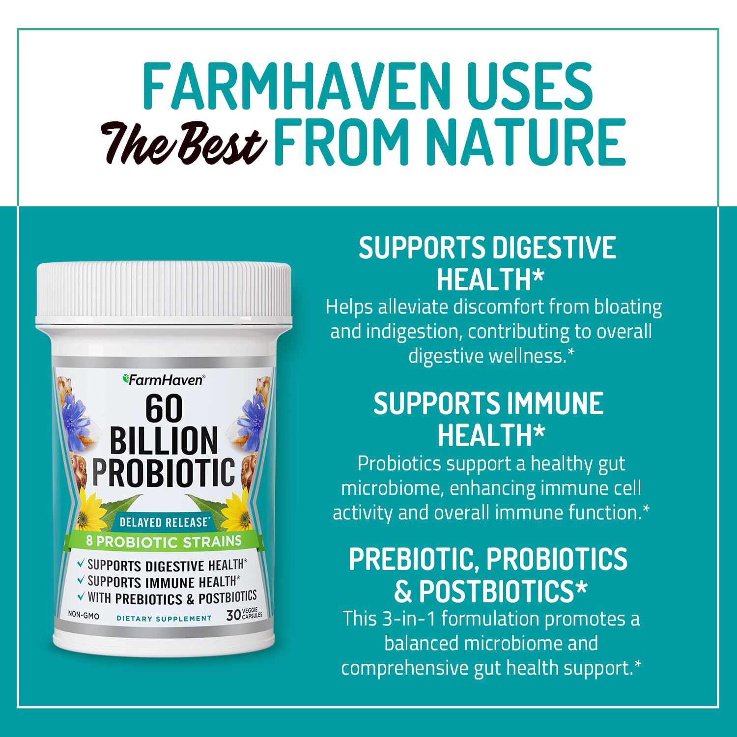 FarmHaven Probiotic Supplement with Aptar bottle design