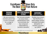 FarmHaven Turmeric Curcumin supplement capsules on a wooden table
