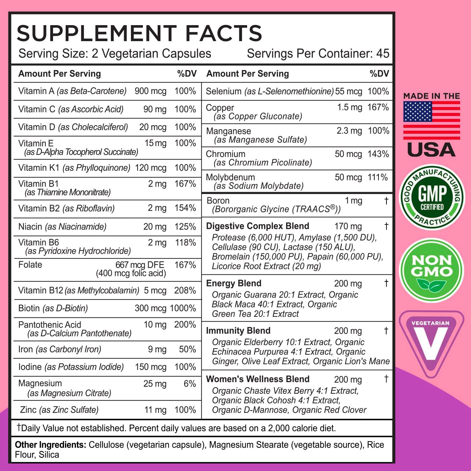 FarmHaven Women's Multivitamin ingredients list close-up