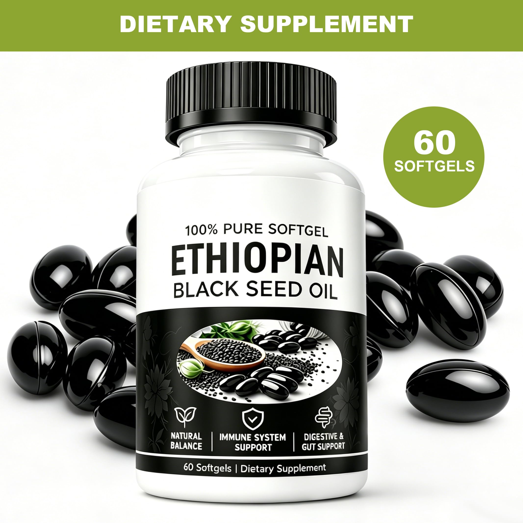 FCOIN Black Seed Oil Softgels showing ingredients list