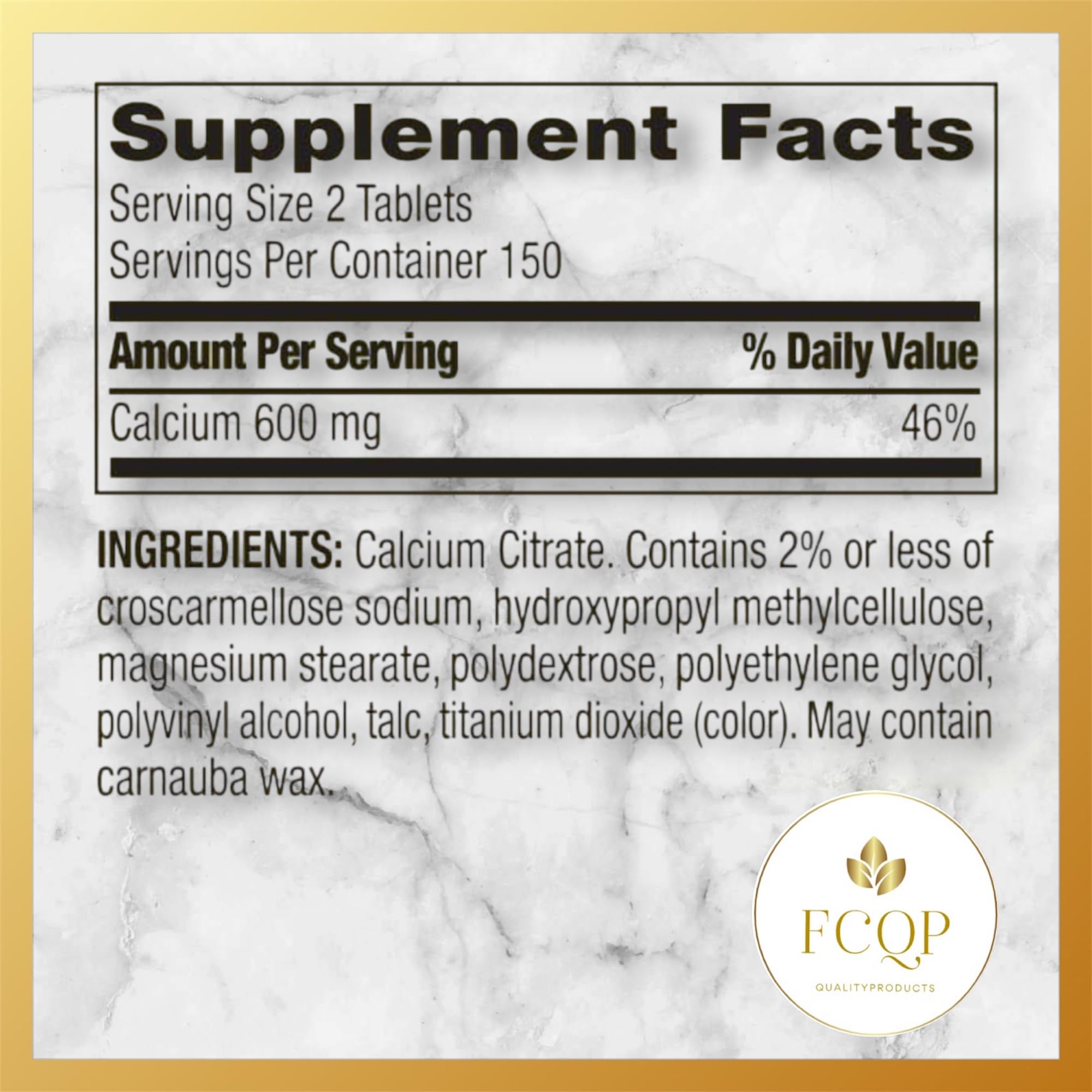 FCQP Calcium Citrate Dietary Supplement Tablets 600mg bottle with label