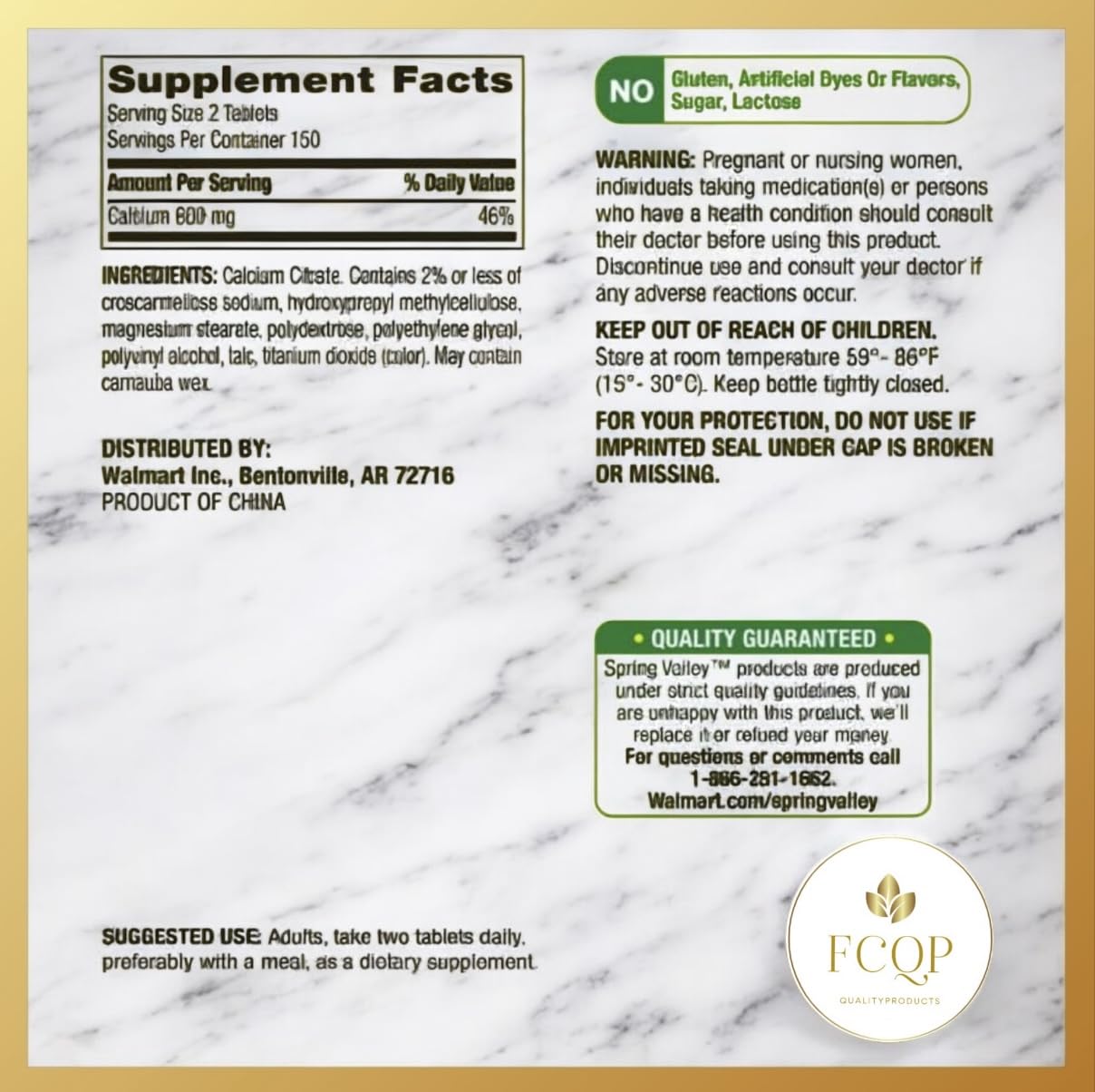 FCQP Calcium Citrate Dietary Supplement Tablets 600mg with pill pouch