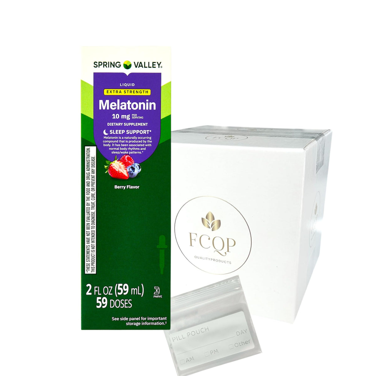 FCQP Liquid Melatonin Supplement 10 mg 2 fl oz bottle with Pill Pouch and Sticker