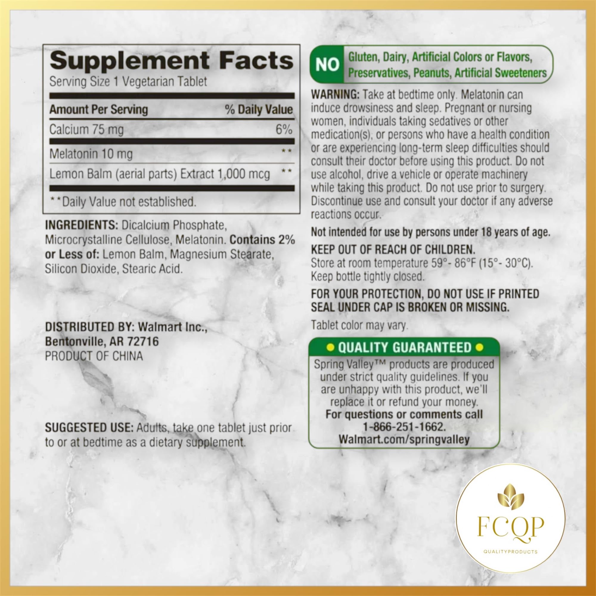 FCQP Melatonin Tablets 10mg on a wooden table