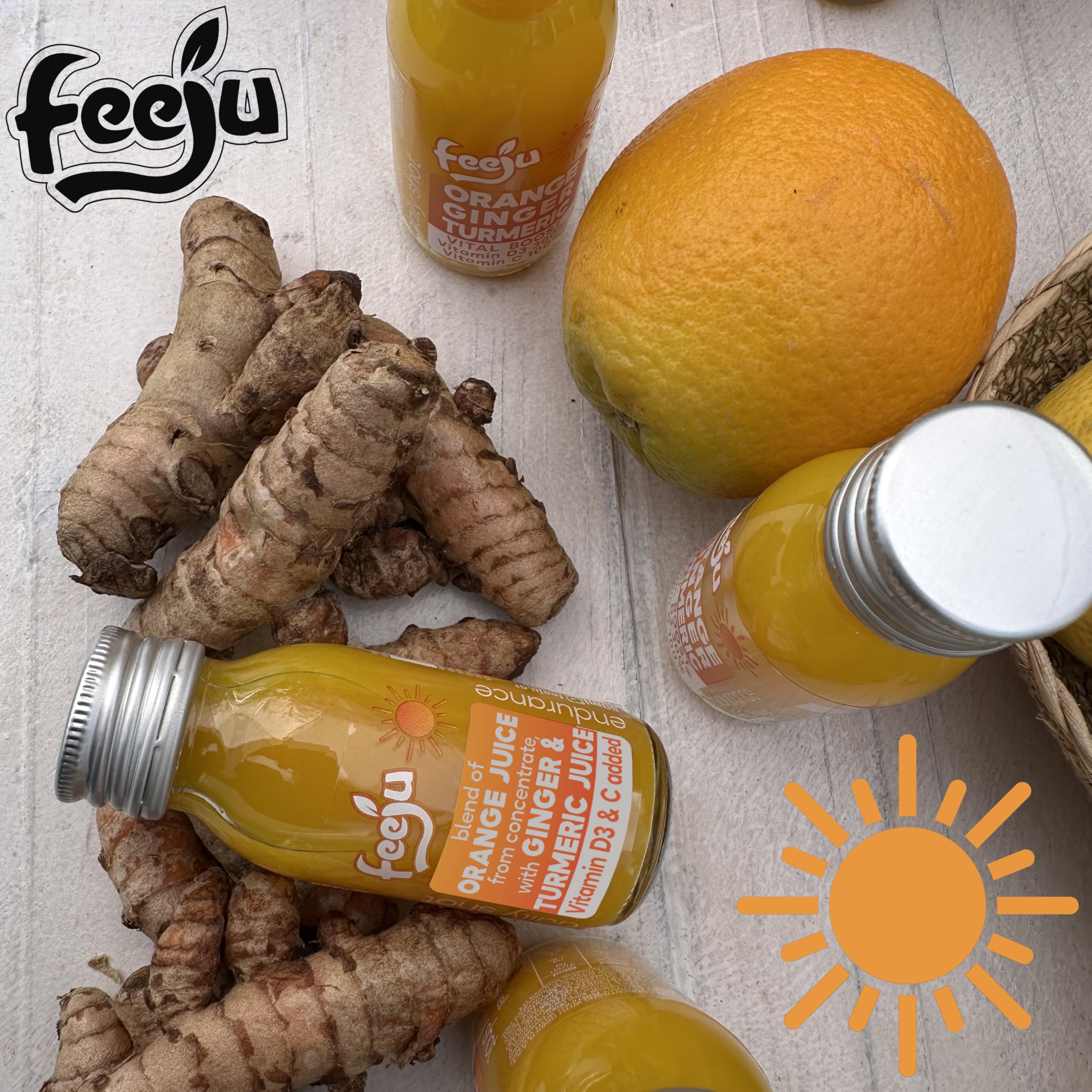 Feeju Orange Ginger Turmeric Shot on a kitchen counter