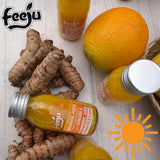 Feeju Orange Ginger Turmeric Shot on a kitchen counter