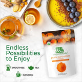 FEEL GOOD Pure Curcumin Powder in a glass of golden milk