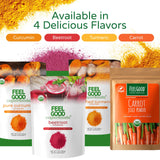 FEEL GOOD Pure Curcumin Powder with turmeric root background