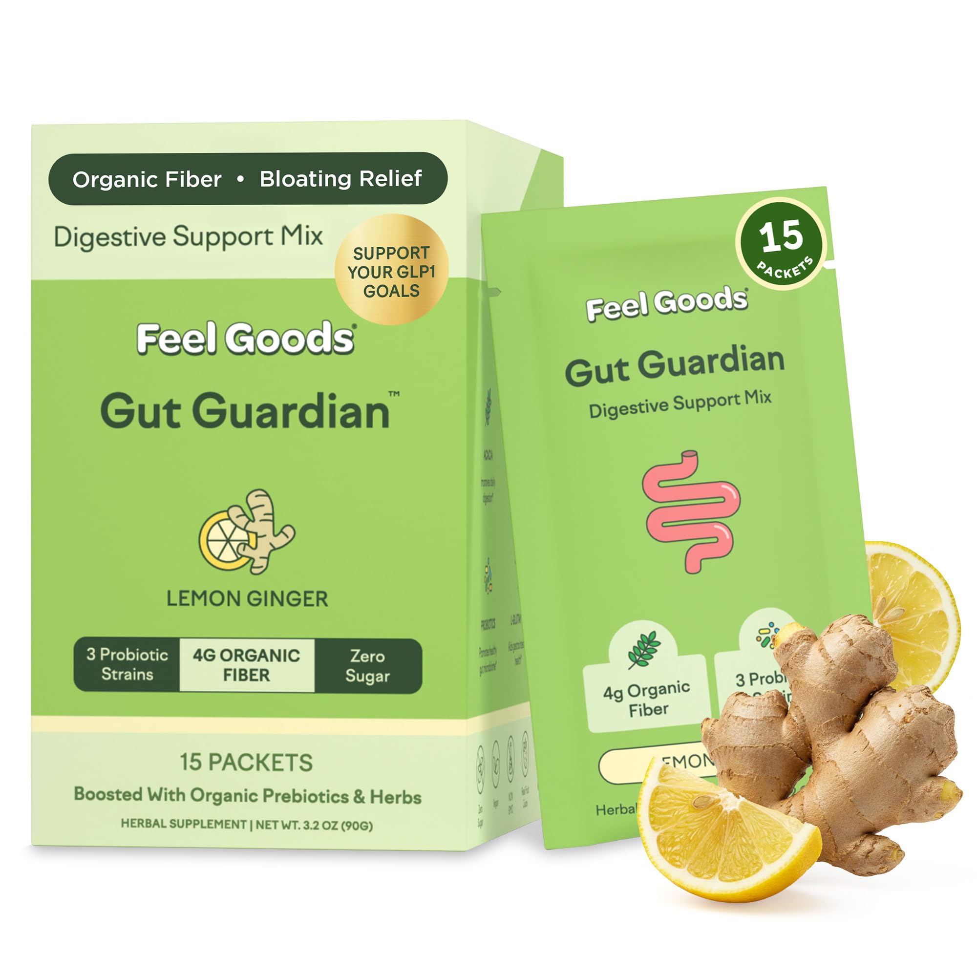 Feel Goods Lemon Ginger daily Support Powder box with 15 stick packs