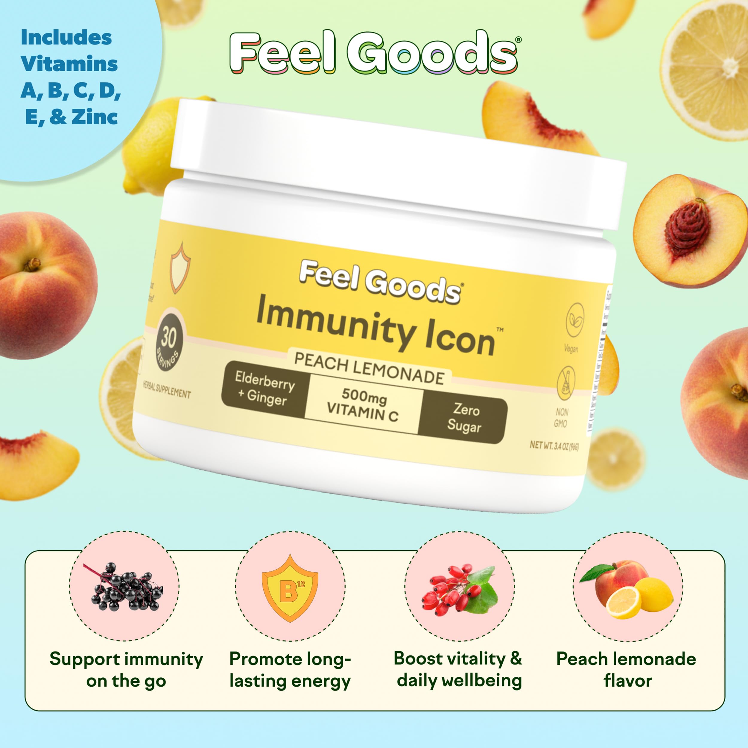 Feel Goods Peach Lemonade daily wellness Support Drink Mix contents showing powder