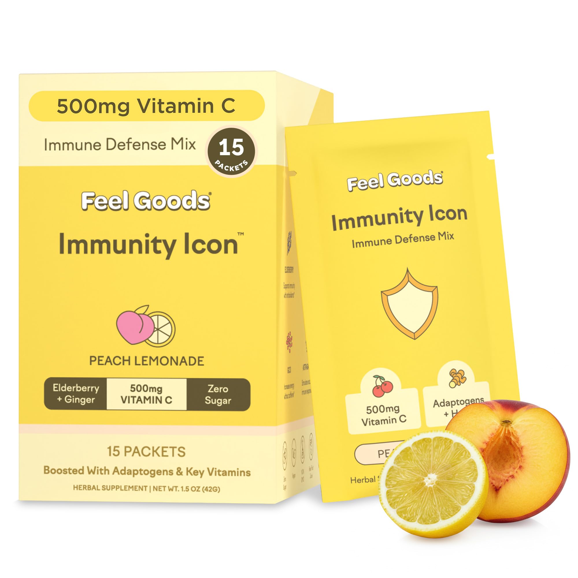 Feel Goods Peach Lemonade daily wellness Support Drink Mix front view with packaging