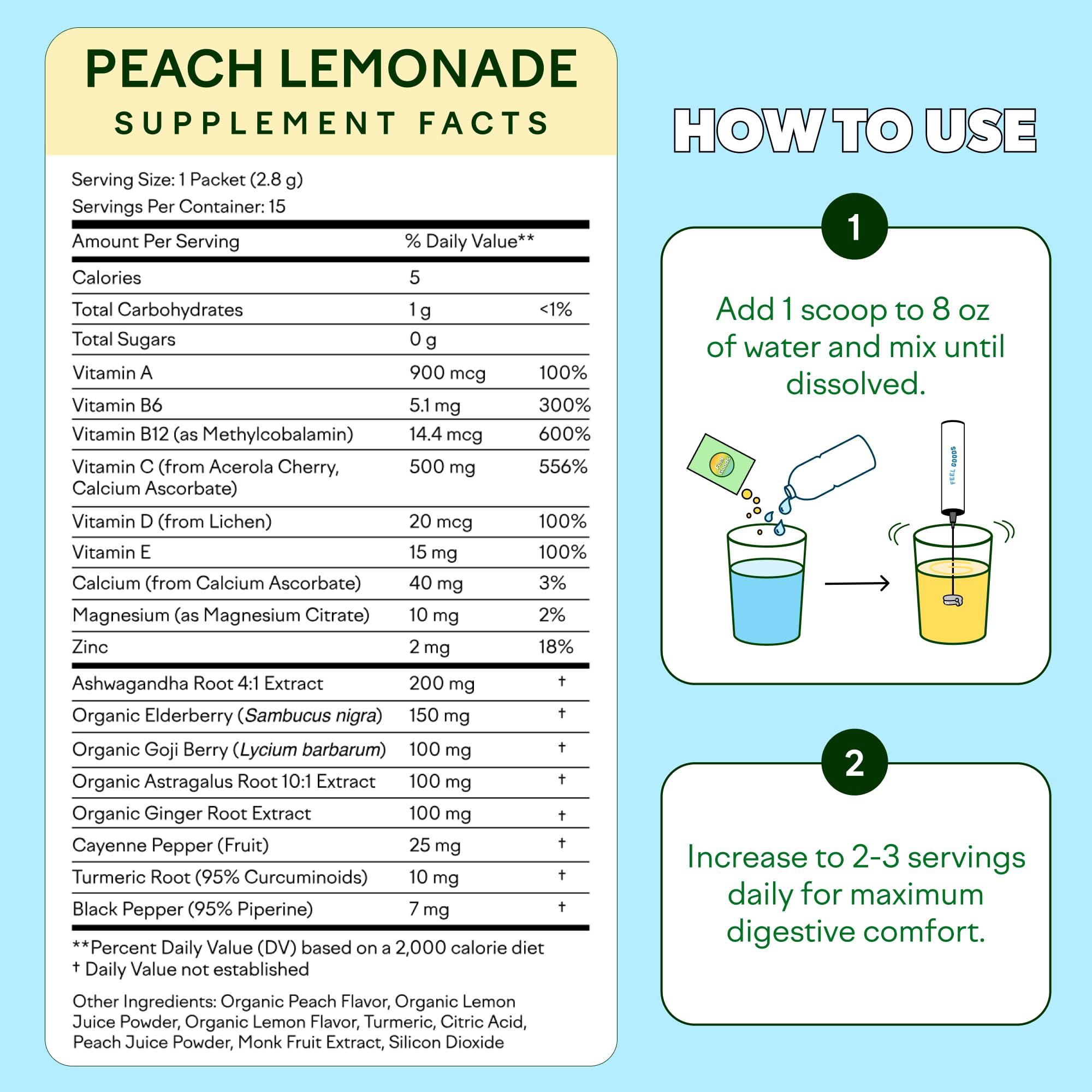 Feel Goods Peach Lemonade daily wellness Support Drink Mix travel-size stick packs