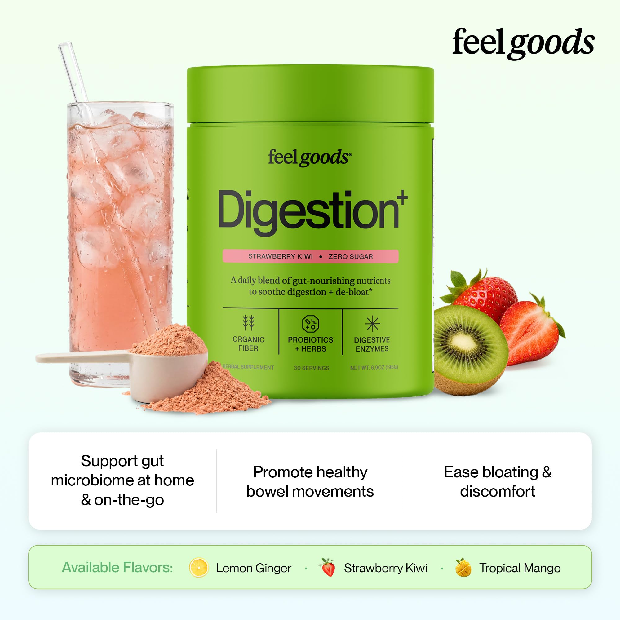 Feel Goods Strawberry Kiwi daily Support Powder scoop with powder
