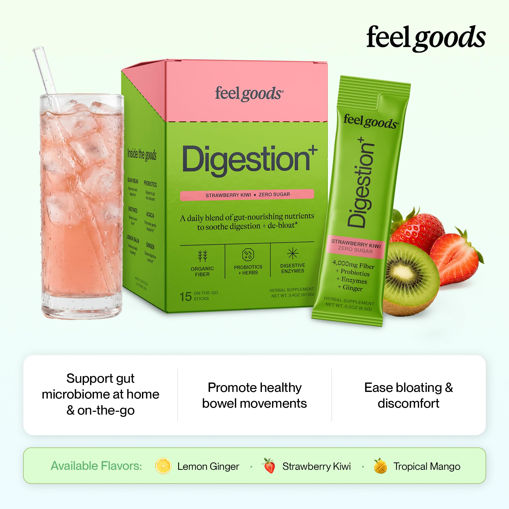 Feel Goods Strawberry Kiwi daily Support Powder stick pack close-up