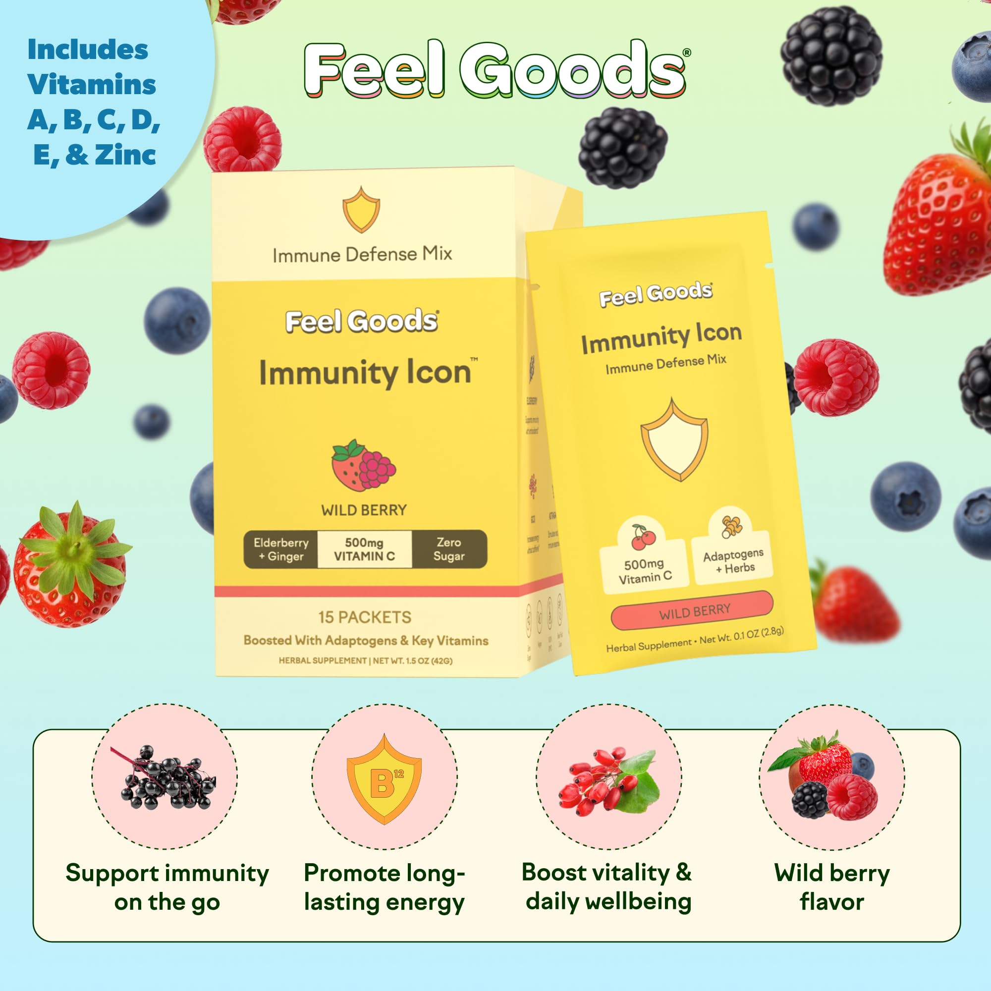 Feel Goods Wild Berry daily wellness Support Drink Mix stick pack open with powder