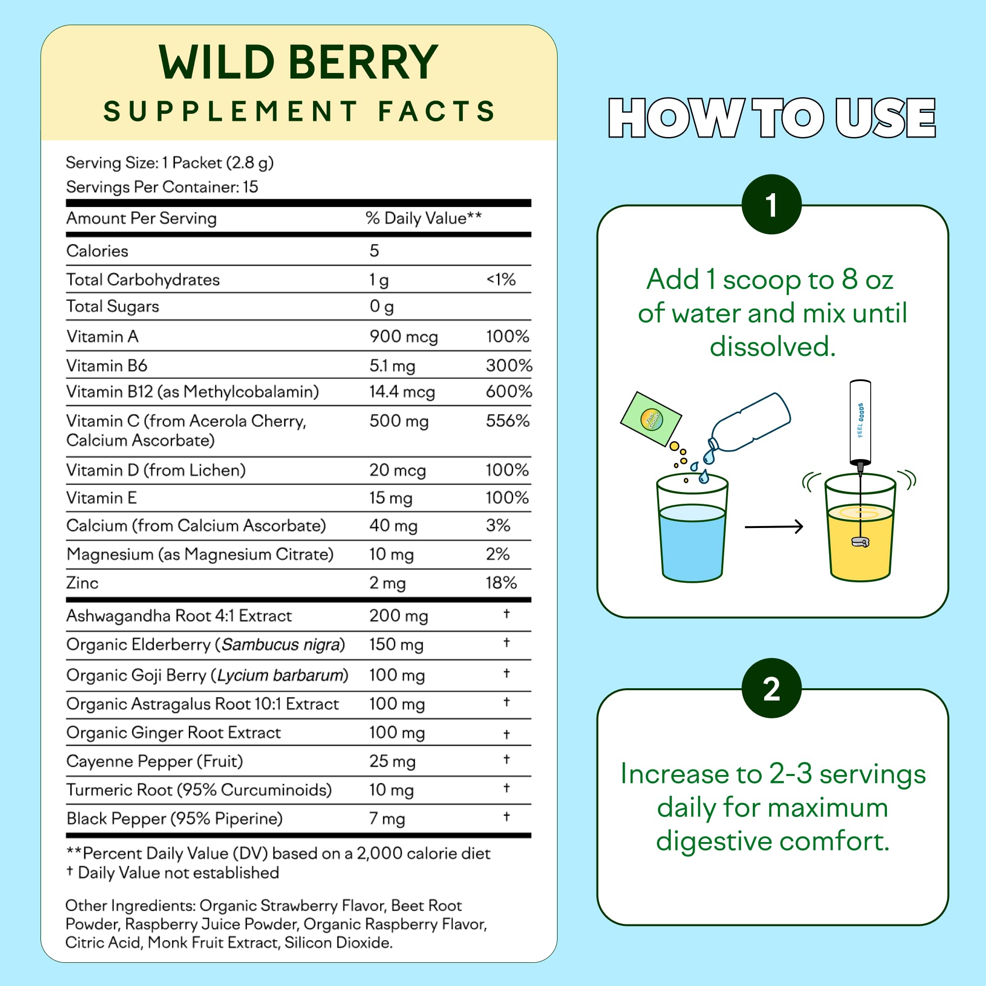 Feel Goods Wild Berry daily wellness Support Drink Mix with glass of water