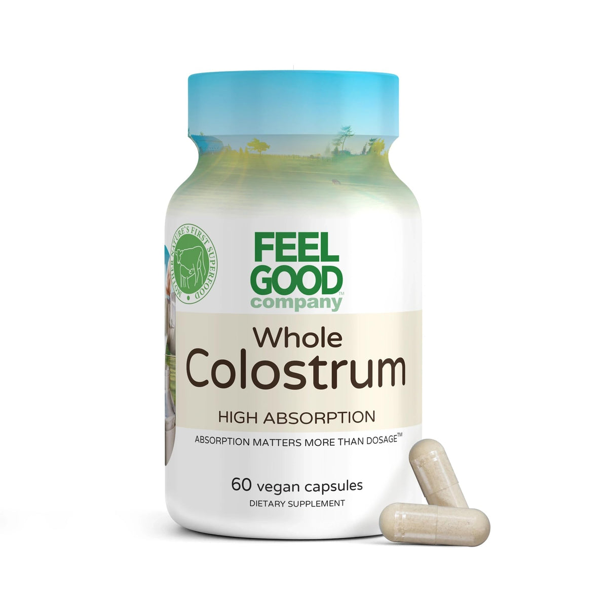FeelGood Superfoods Bovine Colostrum Capsules front view