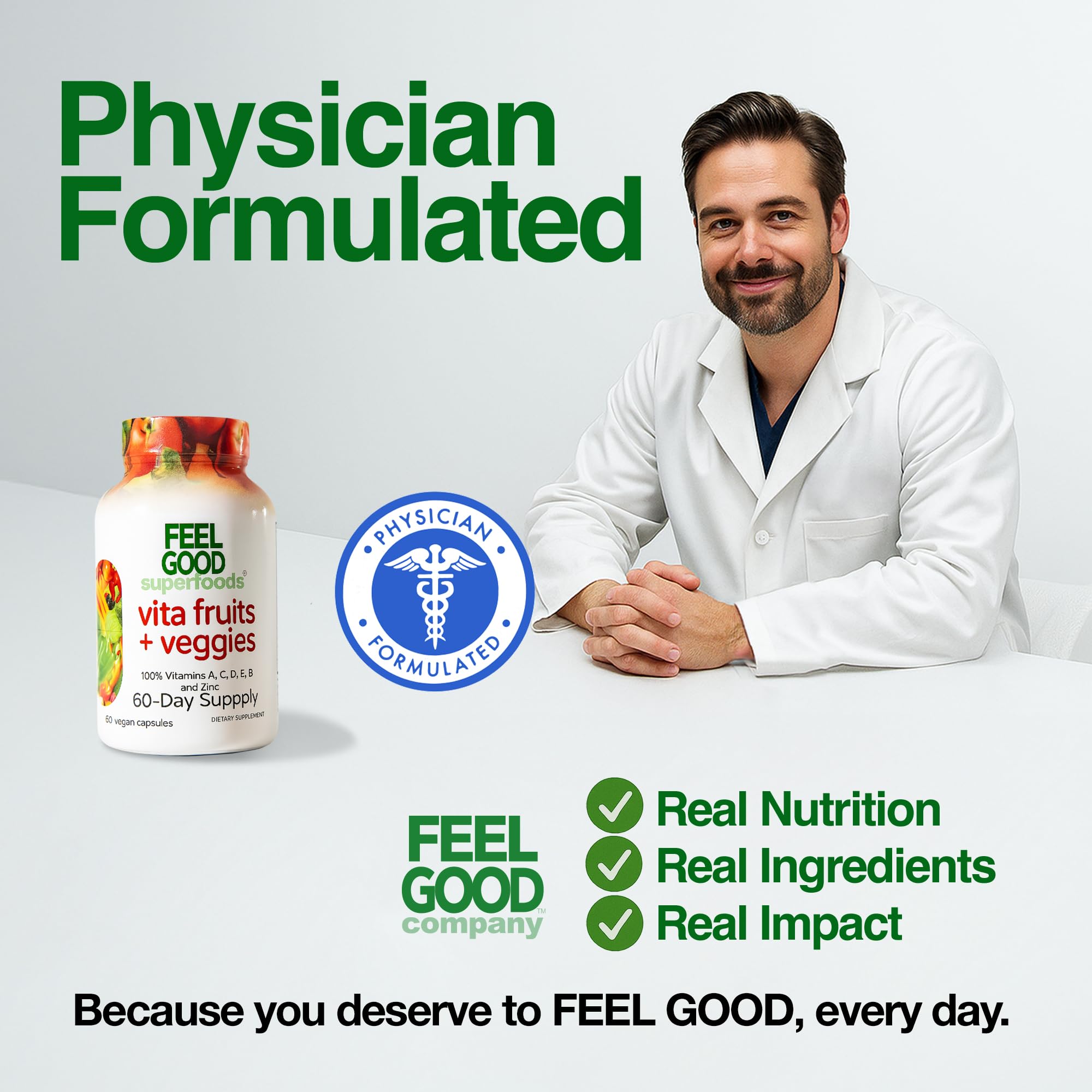 FeelGood Superfoods daily wellness Support Capsules on a wooden table