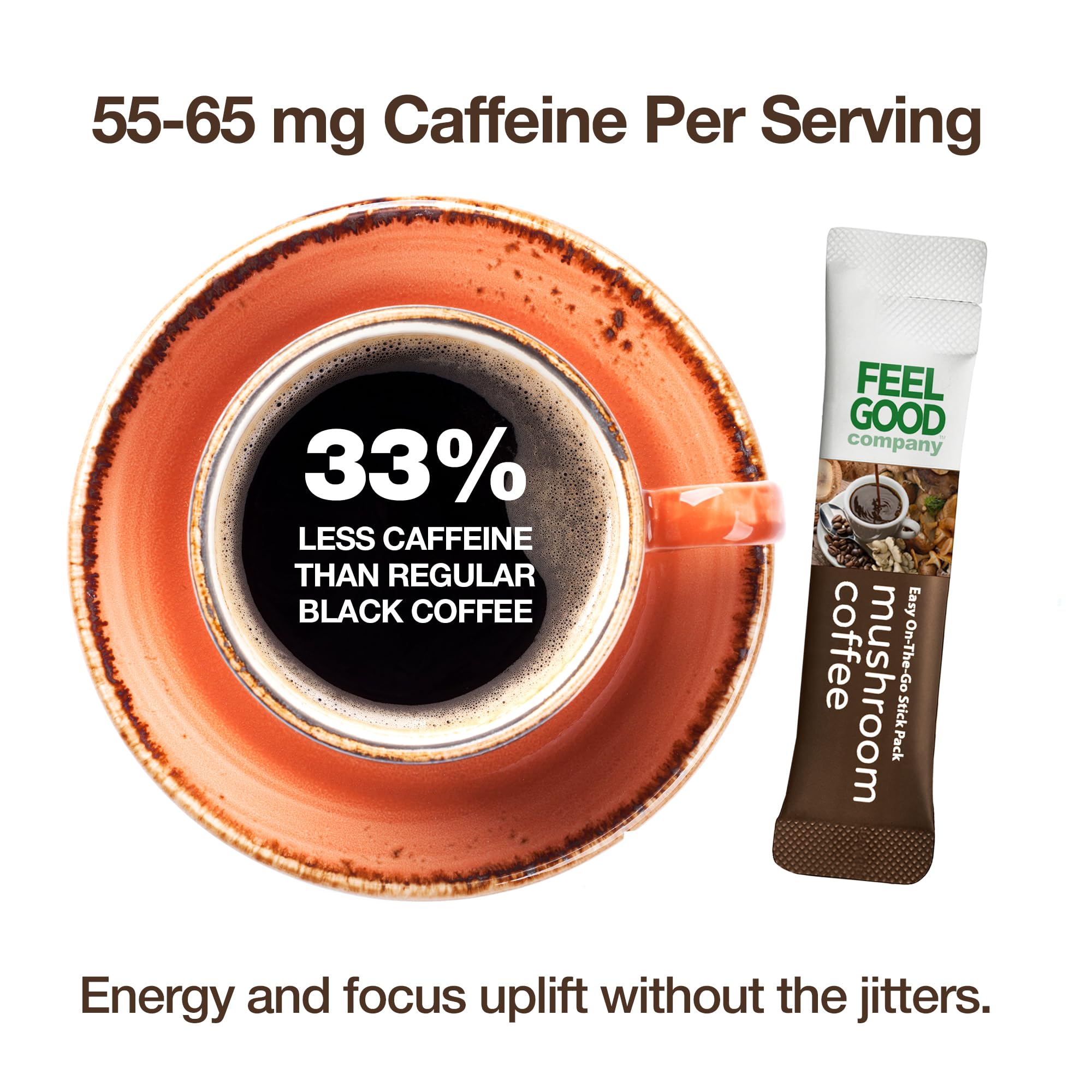 FeelGood Superfoods Organic Mushroom Supplement Sticks displayed on a kitchen counter