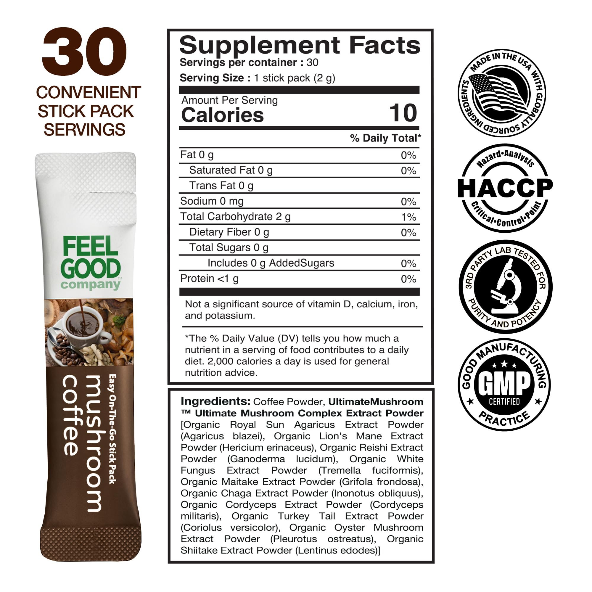 FeelGood Superfoods Organic Mushroom Supplement Sticks showing individual stick packs