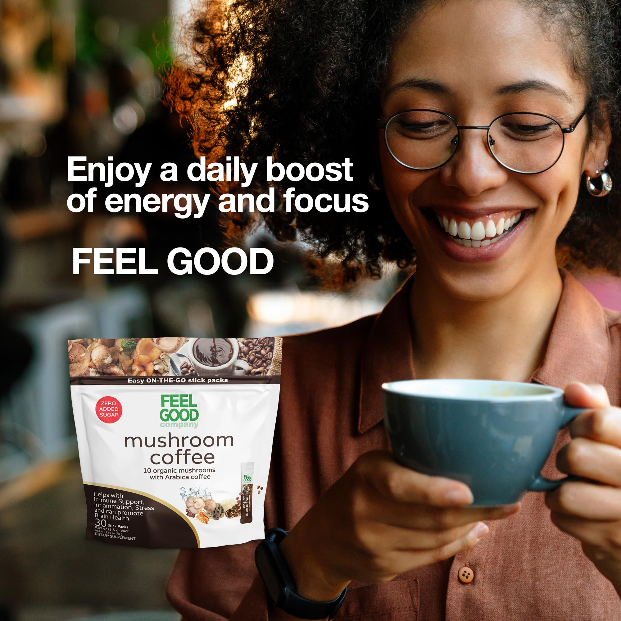 FeelGood Superfoods Organic Mushroom Supplement Sticks with a cup of coffee