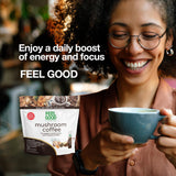 FeelGood Superfoods Organic Mushroom Supplement Sticks with a cup of coffee