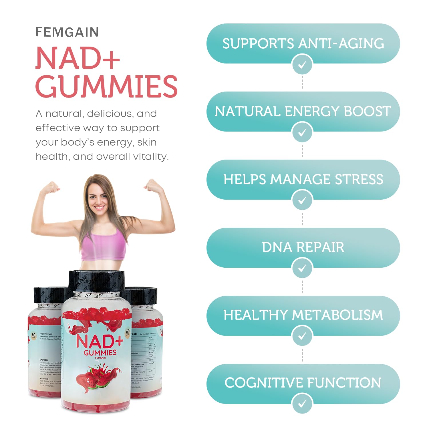 FEMGAIN NAD+ Gummies 200g open package with gummies displayed