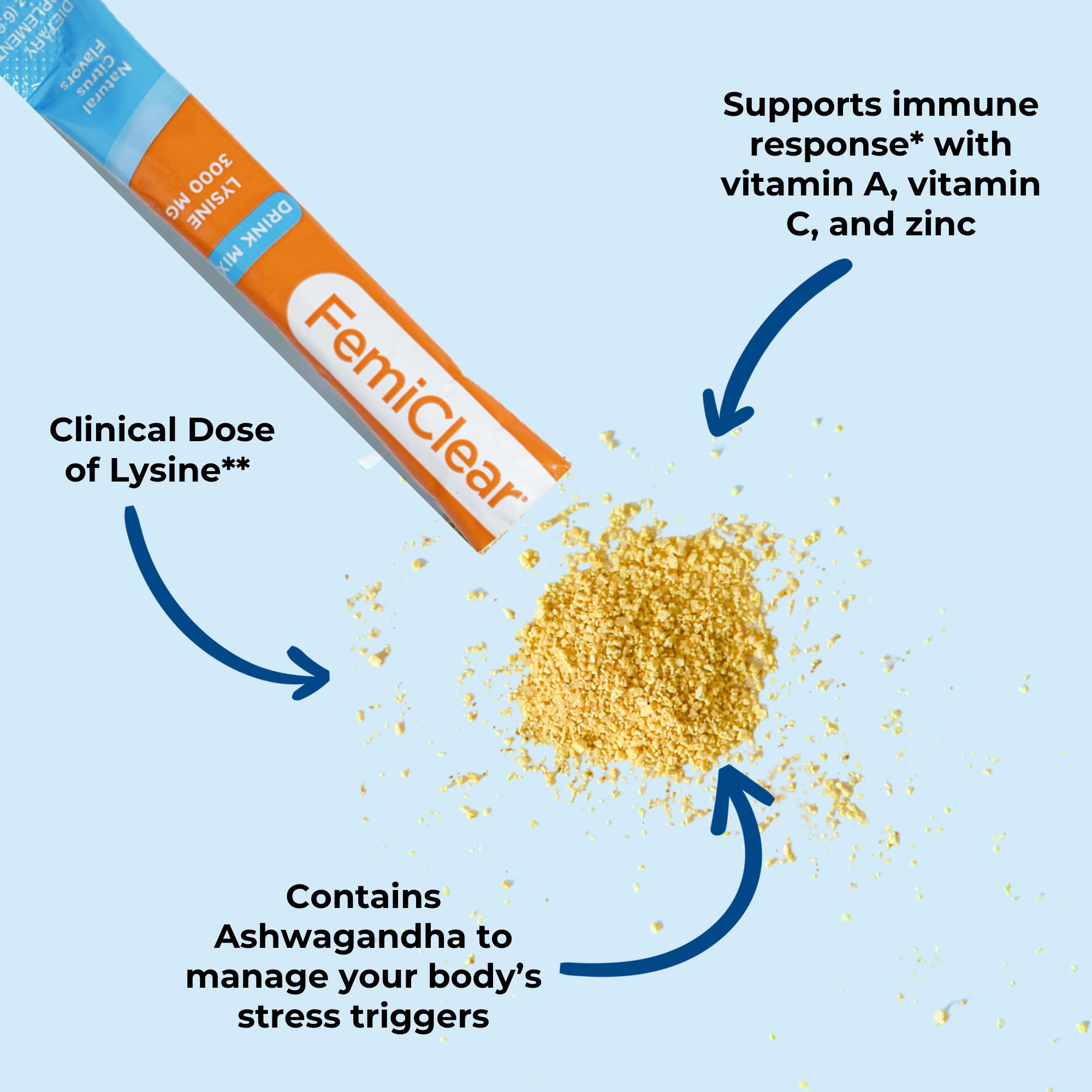 FemiClear L-Lysine Daily daily wellness Support Drink Mix stick pack opened with water