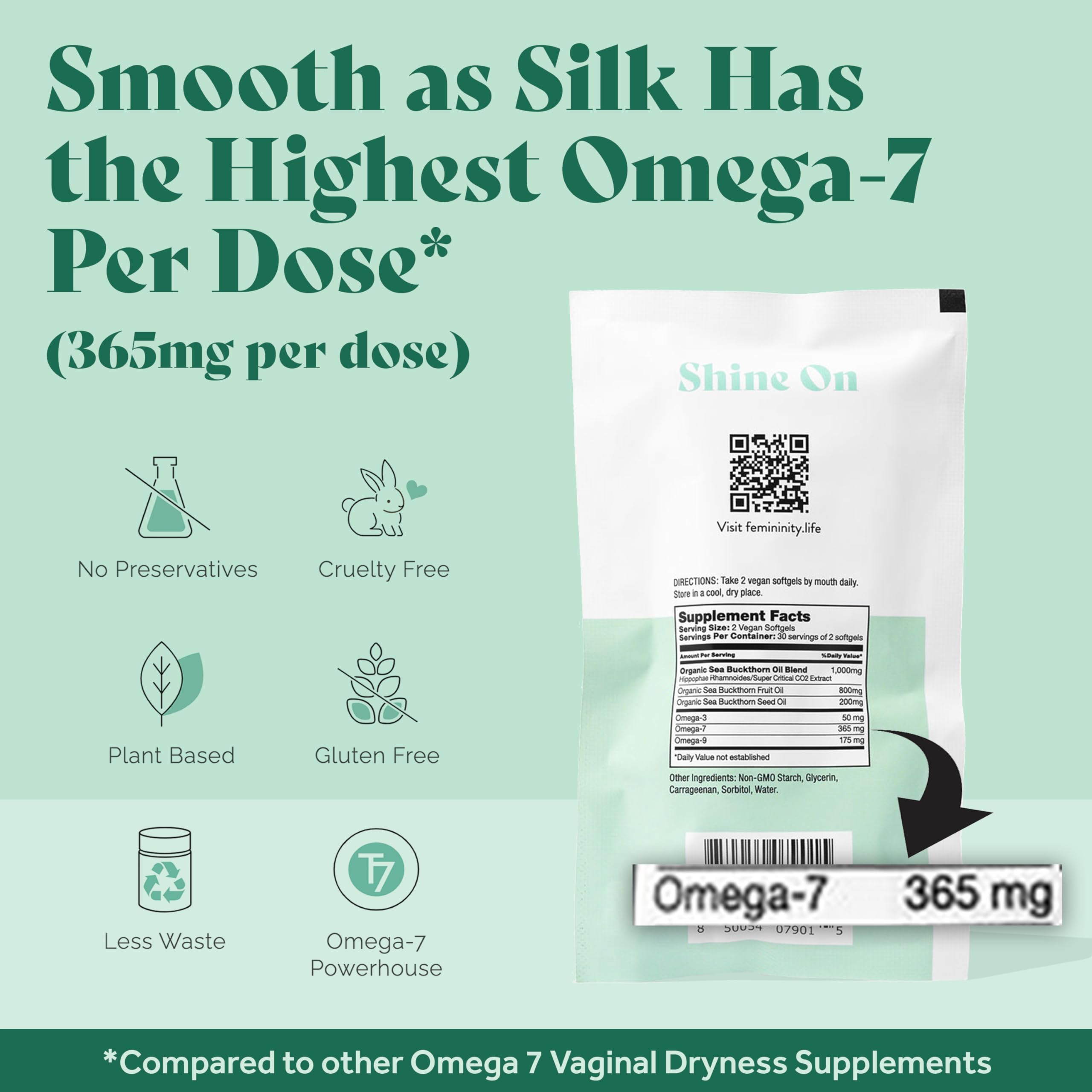 Femininity Smooth as Silk Omega 7 Softgels bottle with dosage instructions