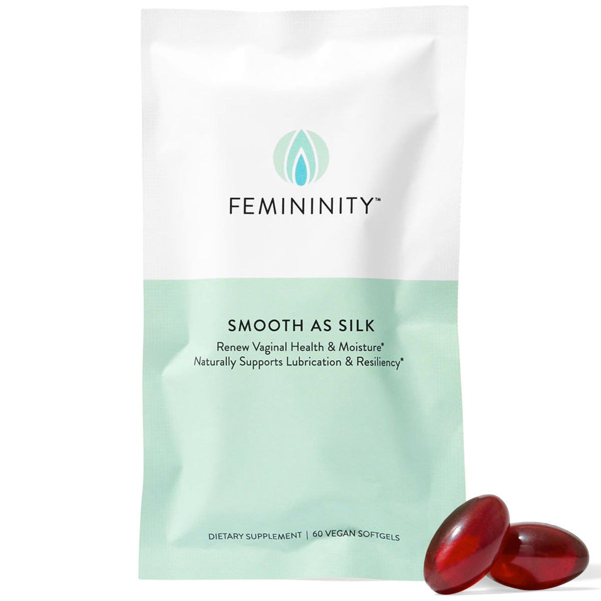 Femininity Smooth as Silk Omega 7 Softgels front view with packaging