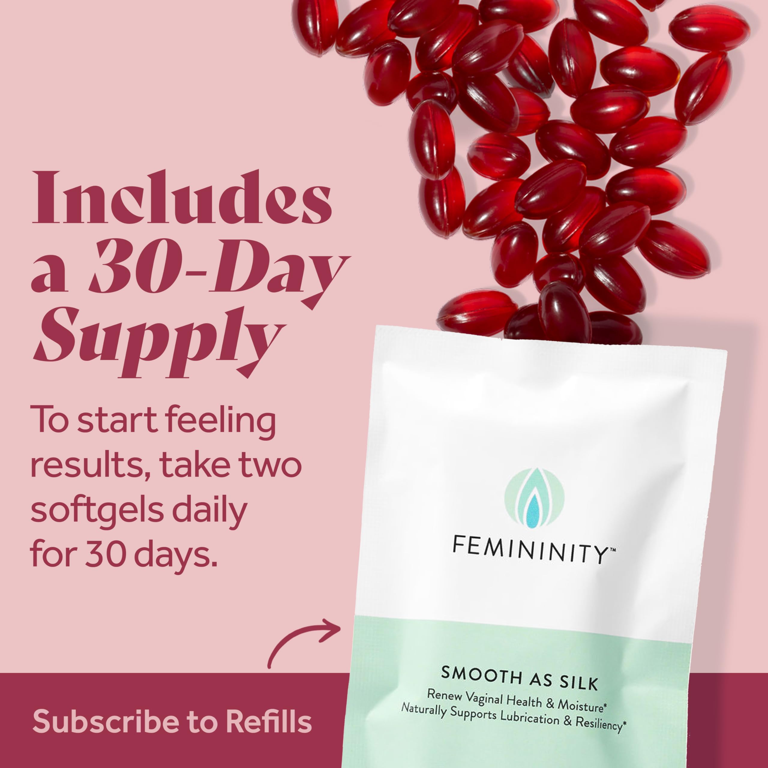 Femininity Smooth as Silk Omega 7 Softgels lifestyle scene with softgels and water