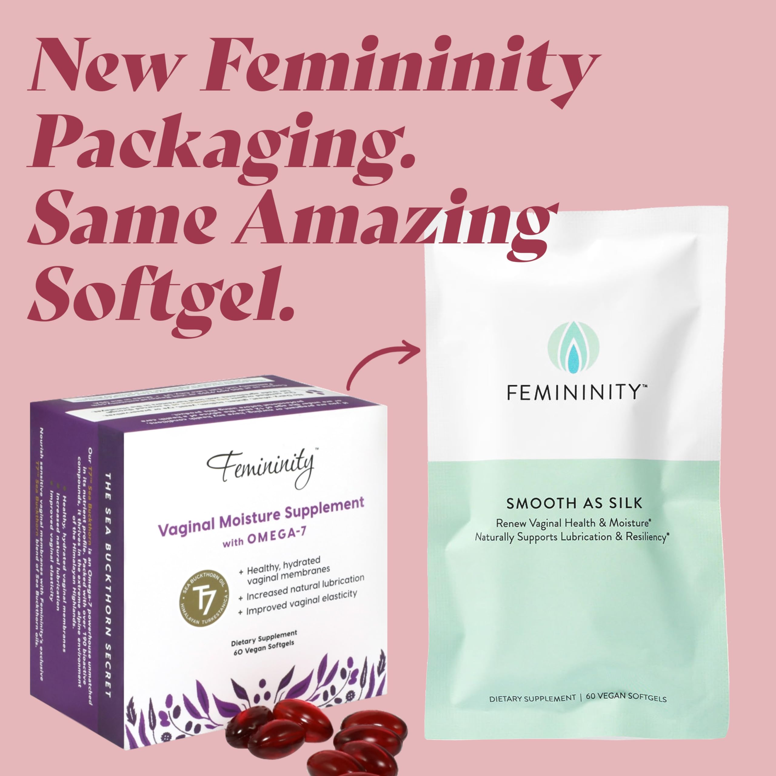 Femininity Smooth as Silk Omega 7 Softgels packaging details