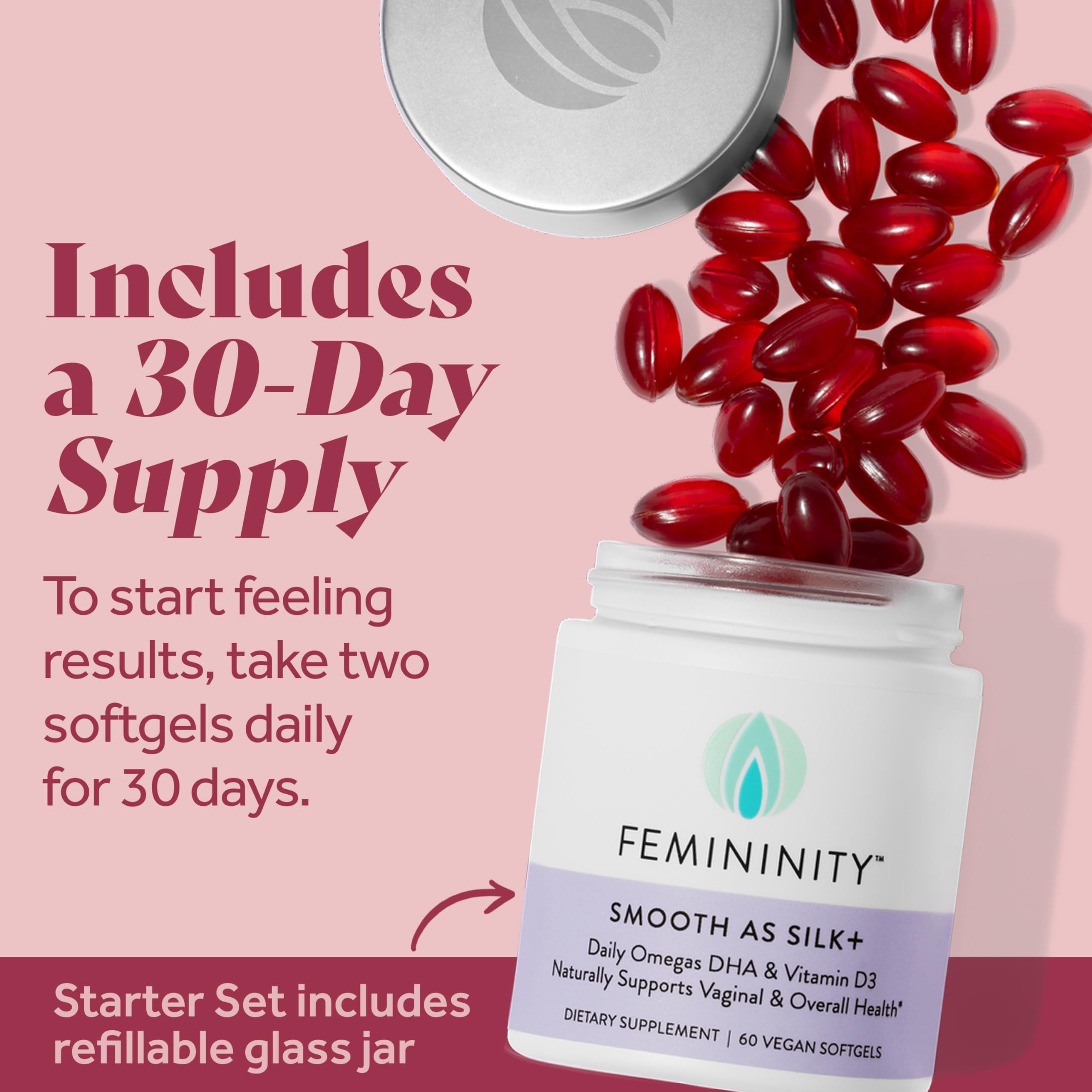 Femininity Smooth as Silk+ Omega 7 Supplement softgels in a hand