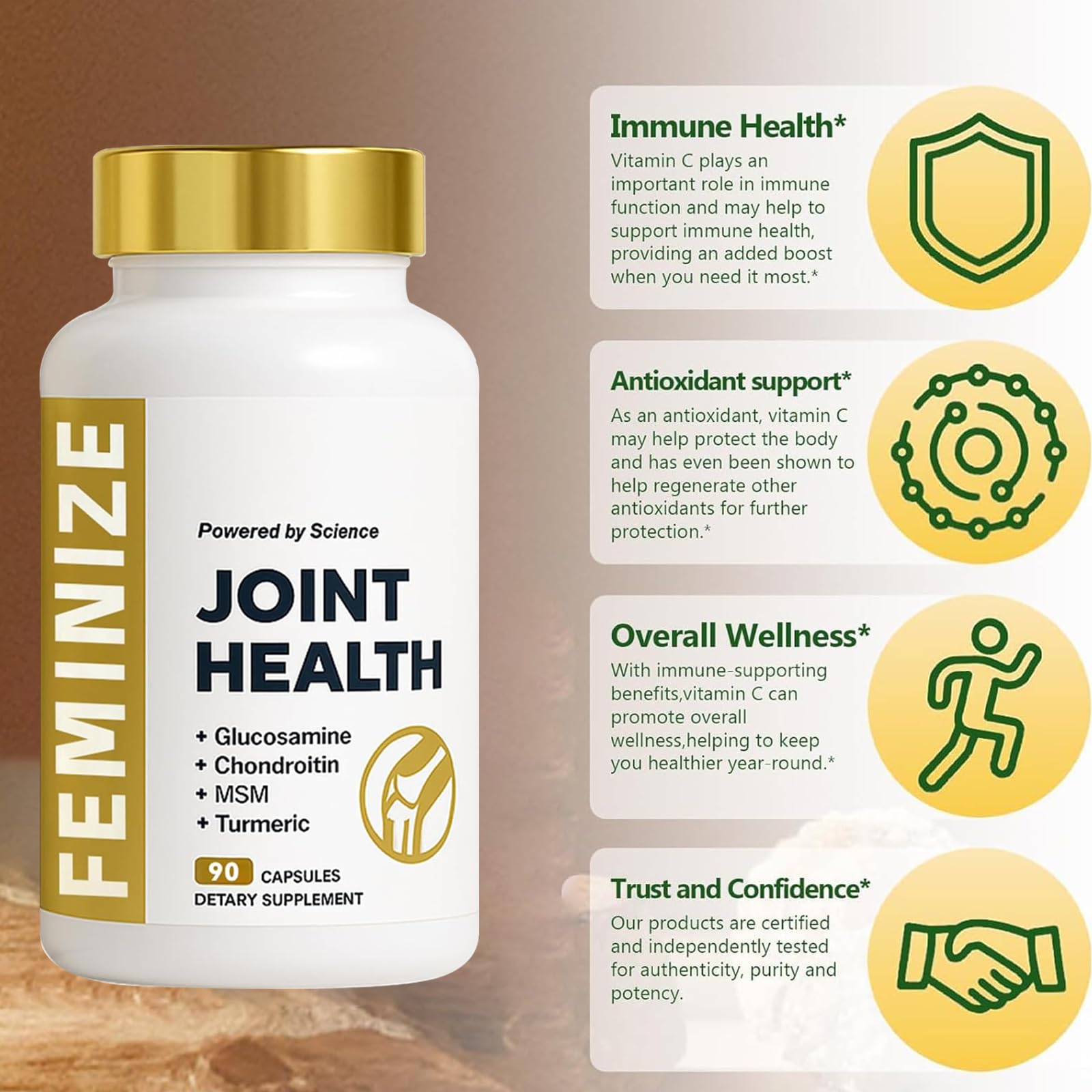 FEMINIZE Chondroitin Joint Support Supplement capsules on a table