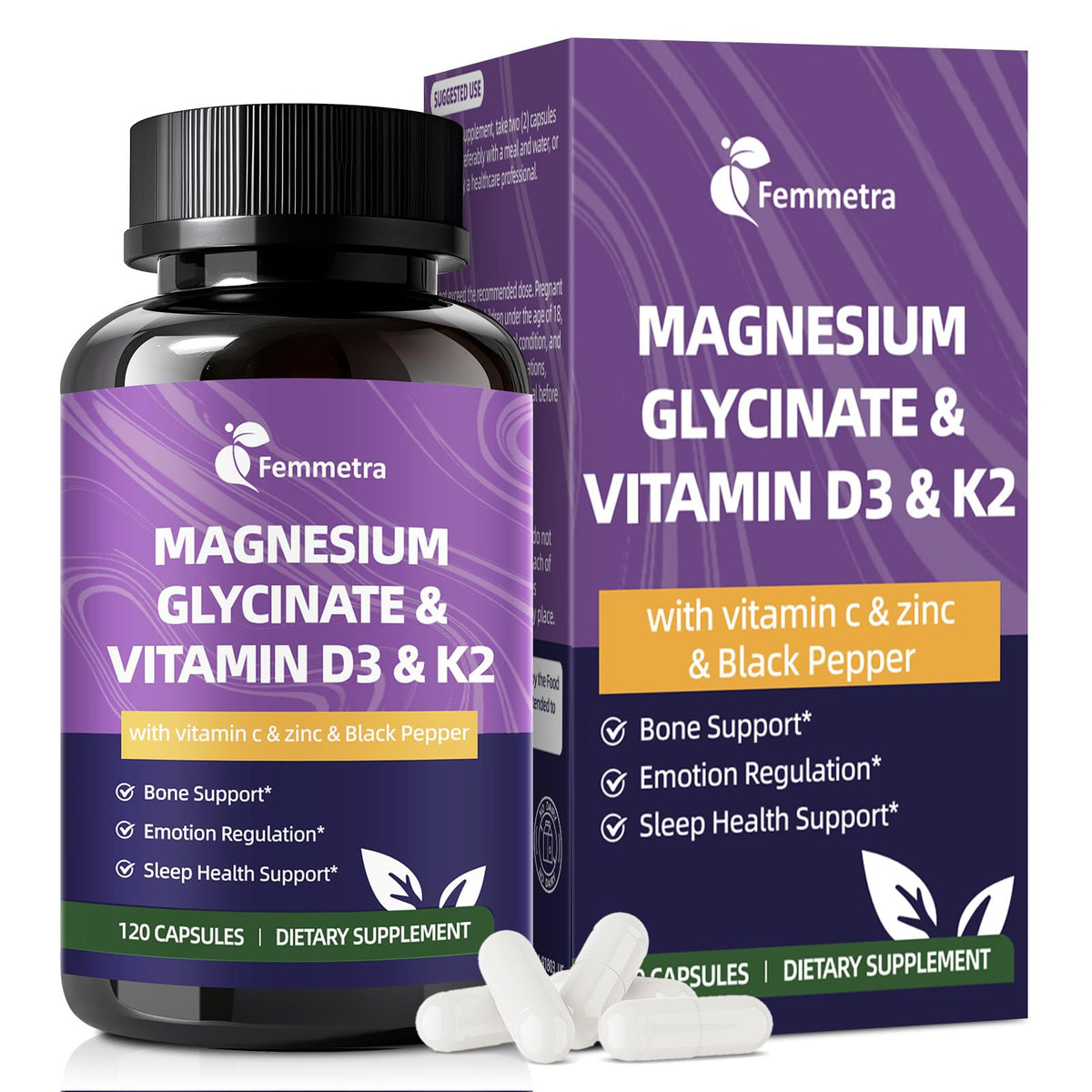 Femmetra 7-IN-1 Premium Vitamin D3 & K2 supplement capsules front view