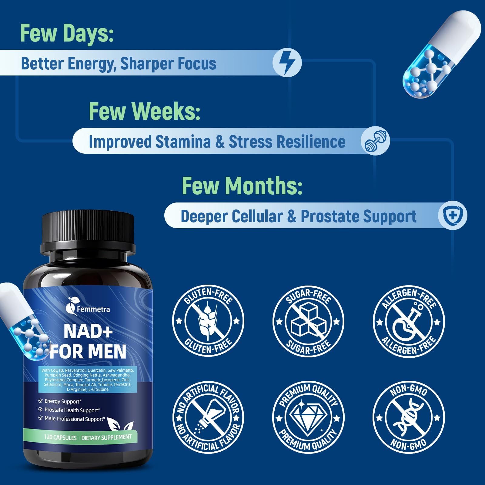 Femmetra Advanced NAD+ Energy Support Supplement 60 Capsules on a wooden table