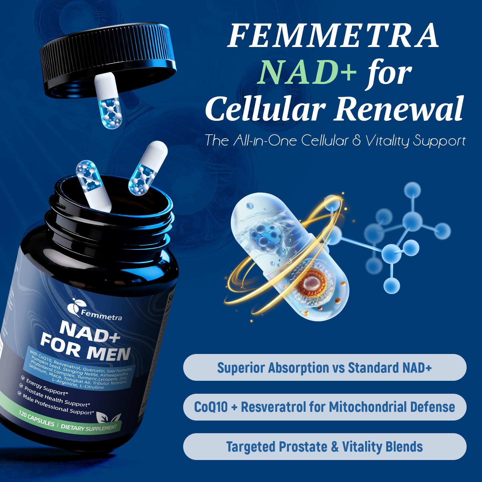 Femmetra NAD+ Resveratrol Supplement capsules on a wooden surface