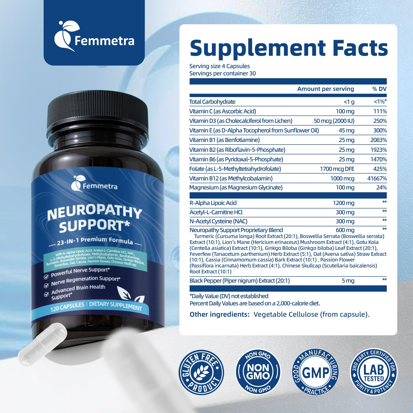 Femmetra Neuropathy Support Formula side view of bottle