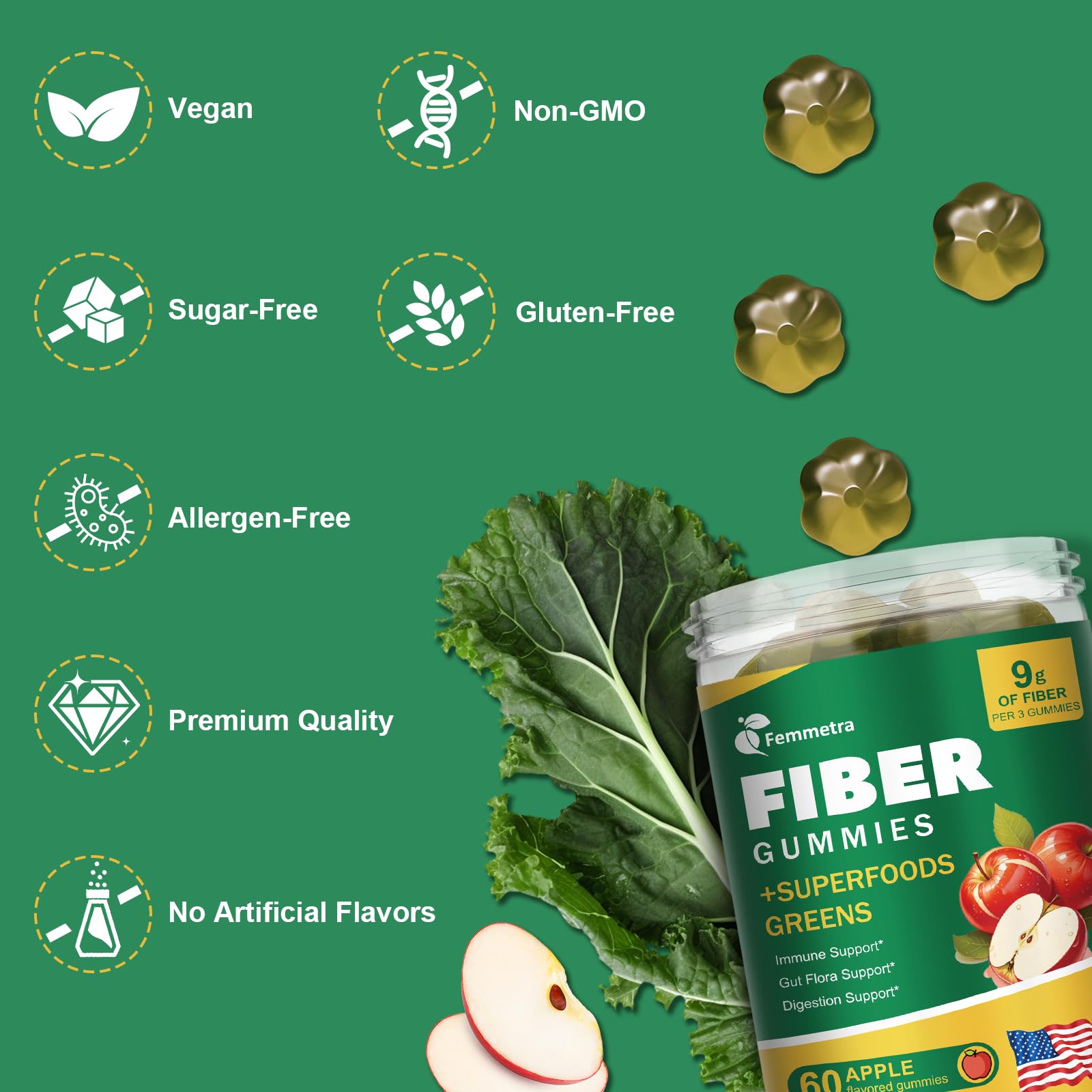 Femmetra Prebiotic Fiber Gummies lifestyle scene with fresh fruits