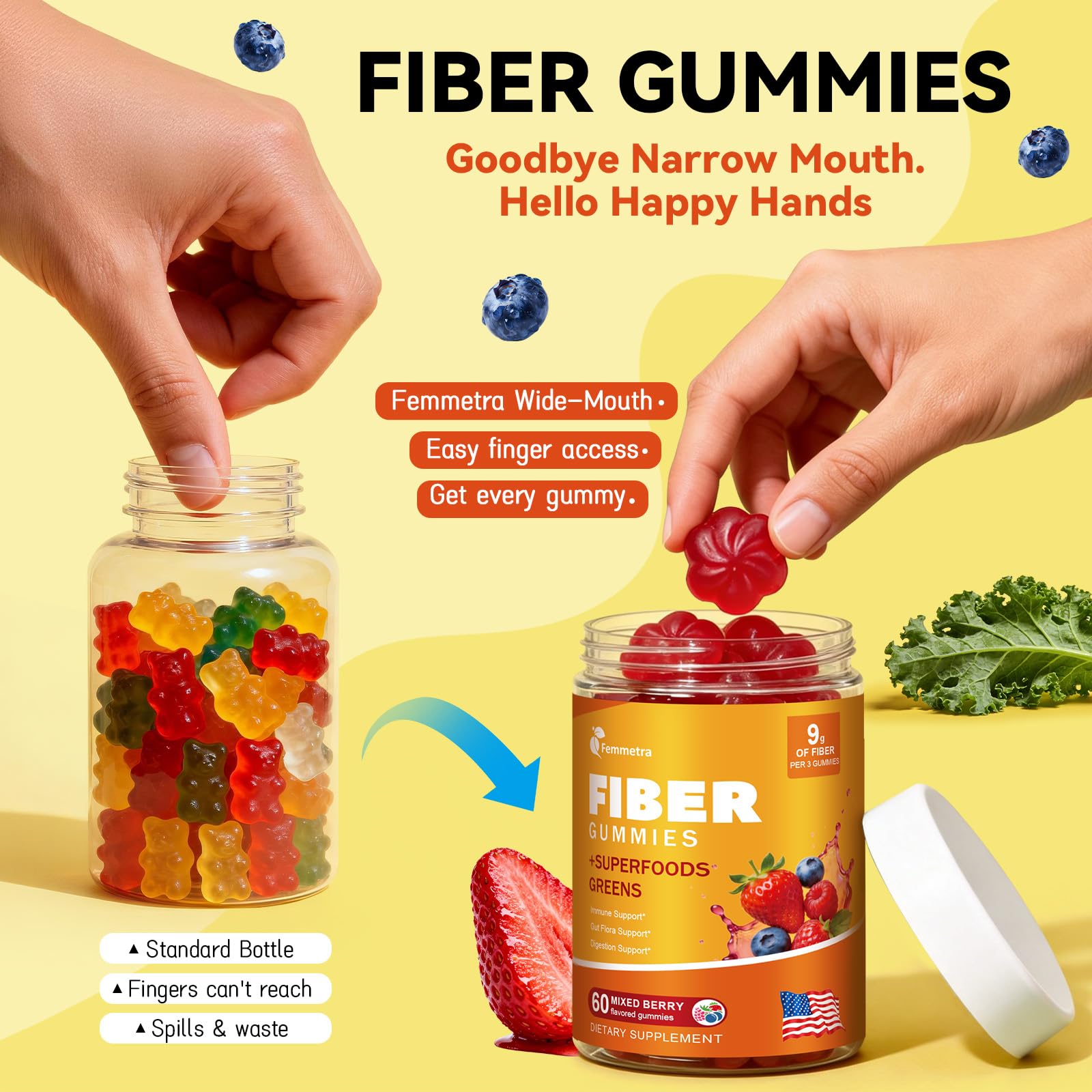 Femmetra Prebiotic Fiber Gummies with a spoonful of greens