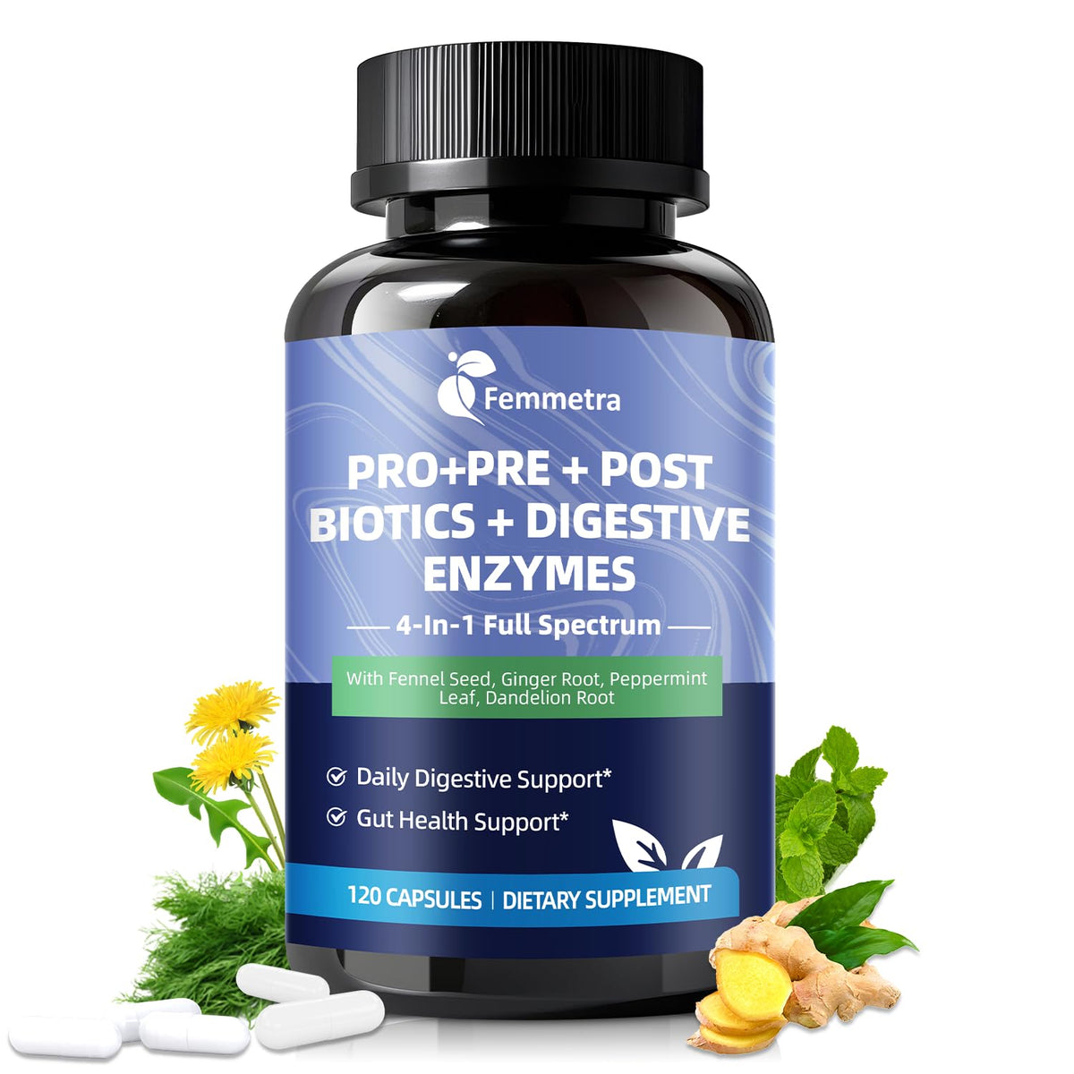 Femmetra Prebiotic Probiotic Supplement bottle front view