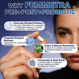 Femmetra Prebiotic Probiotic Supplement capsules close-up